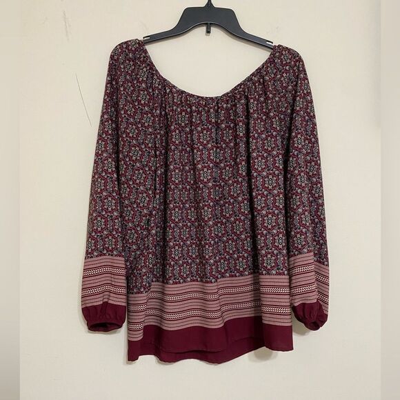 Bobeau Relaxed Top Blouse Tile Print Medallion Boat Neck Top Burgundy Size S - Picture 9 of 13